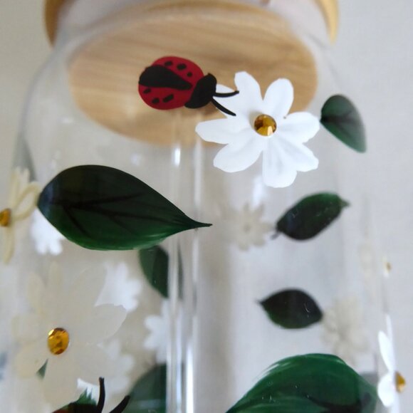NEW 16oz HAND PAINTED DAISY FLOWER LADY BUGS BEJEWELED GLASS SIPPER W/ STRAW - Picture 6 of 13